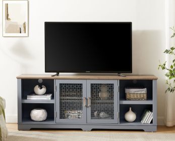 Modern Farmhouse TV Media Stand, Large Home Entertainment Console, for TV Up to 80'', with Open Shelves and Glass Door Cabinets