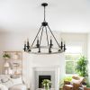 Rustic Farmhouse 10-Light Candle Chandelier, Black Metal and Wood Round Hanging Light Fixture for Dining Room, Kitchen, Living Room, Adjustable Height