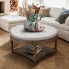 Large Round WaterProof Ottoman Coffee Table 2 Tier Oversized Button Tufted Ottoman with Wooden Shelf Storage Farmhouse Upholstered Coffee Table Living