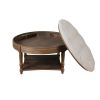 Large Round WaterProof Ottoman Coffee Table 2 Tier Oversized Button Tufted Ottoman with Wooden Shelf Storage Farmhouse Upholstered Coffee Table Living